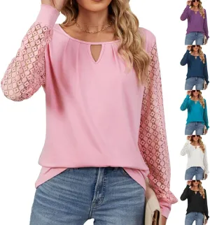 Women Autumn Winter Blouses, Solid Color Lace Patchwork Loose Long Sleeve Shirts, Lace Patchwork T-Shirt