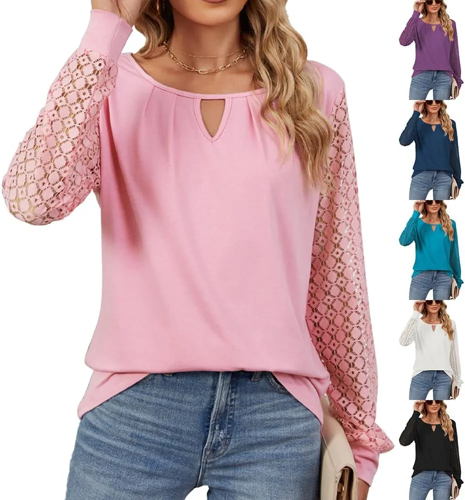 Women Autumn Winter Blouses, Solid Color Lace Patchwork Loose Long Sleeve Shirts, Lace Patchwork T-Shirt