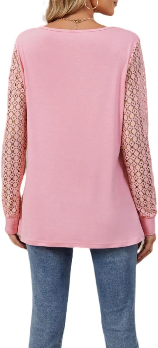 Women Autumn Winter Blouses, Solid Color Lace Patchwork Loose Long Sleeve Shirts, Lace Patchwork T-Shirt