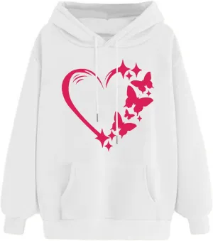 Women Butterfly Graphic Print Sweatshirts Long Sleeve Hoodie Fleece Drawstring Pullover Top Fall Outfits Clothes