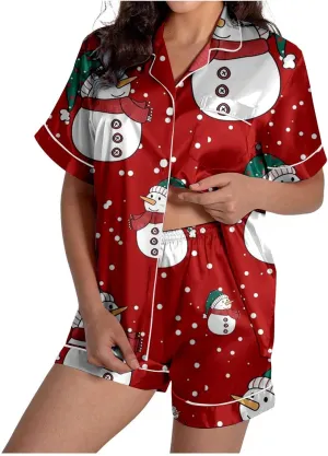 Women Christmas Pajamas Two Piece Satin Silk Short Sleeve Button Down Shirt Loose Shorts Pjs Lounge Set Sleepwear