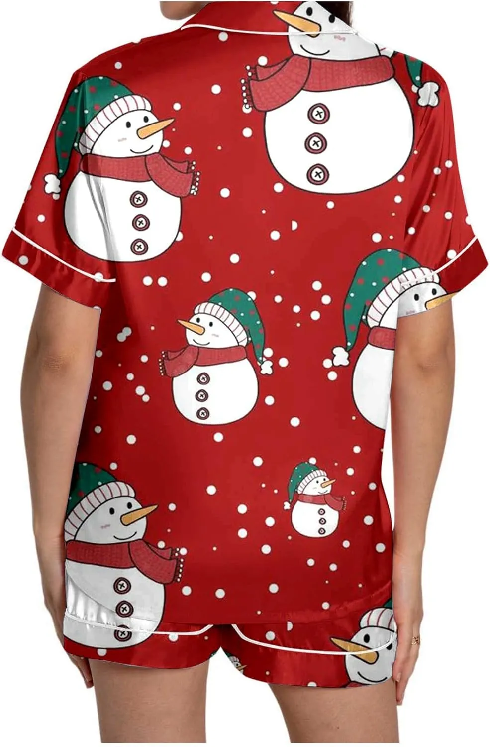 Women Christmas Pajamas Two Piece Satin Silk Short Sleeve Button Down Shirt Loose Shorts Pjs Lounge Set Sleepwear