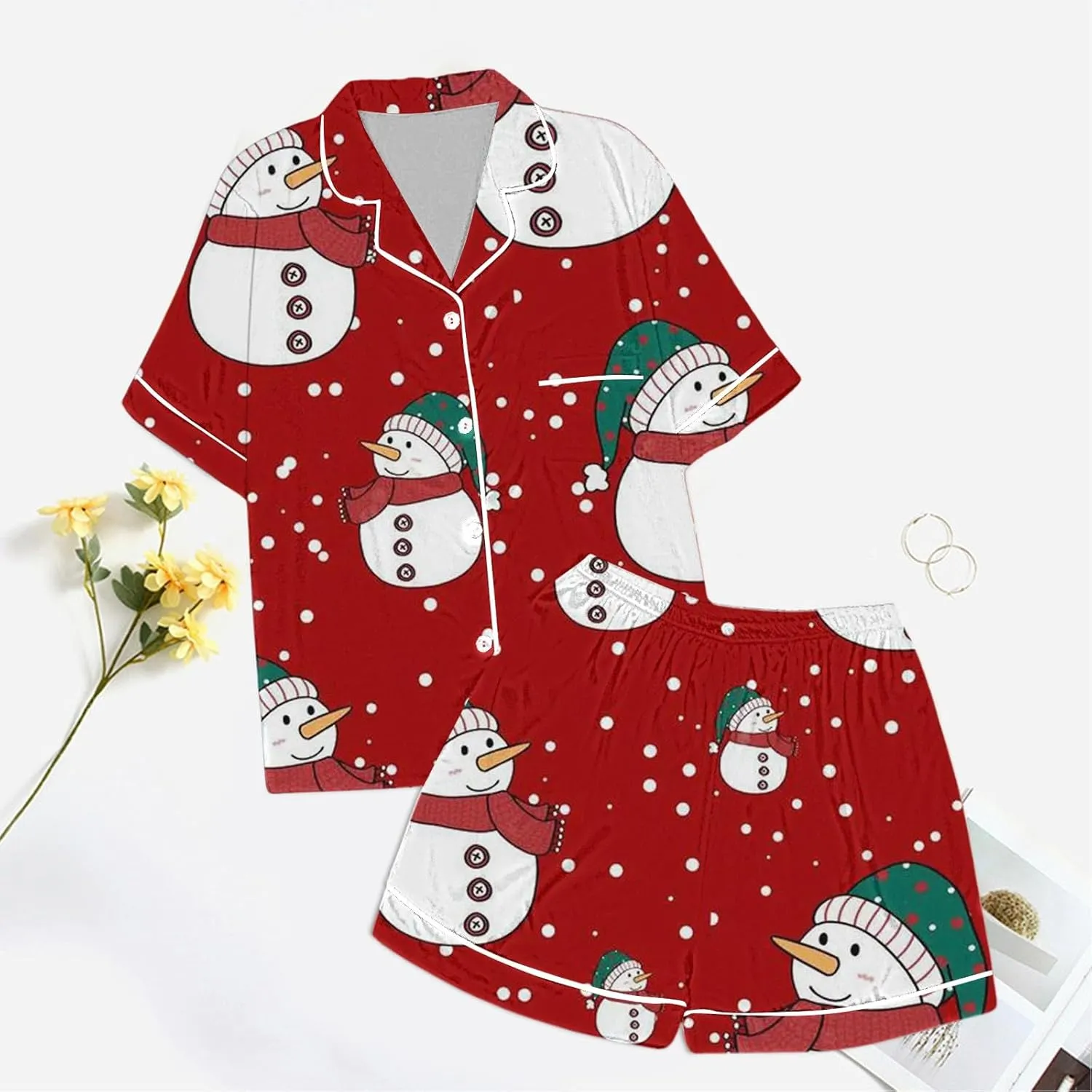 Women Christmas Pajamas Two Piece Satin Silk Short Sleeve Button Down Shirt Loose Shorts Pjs Lounge Set Sleepwear