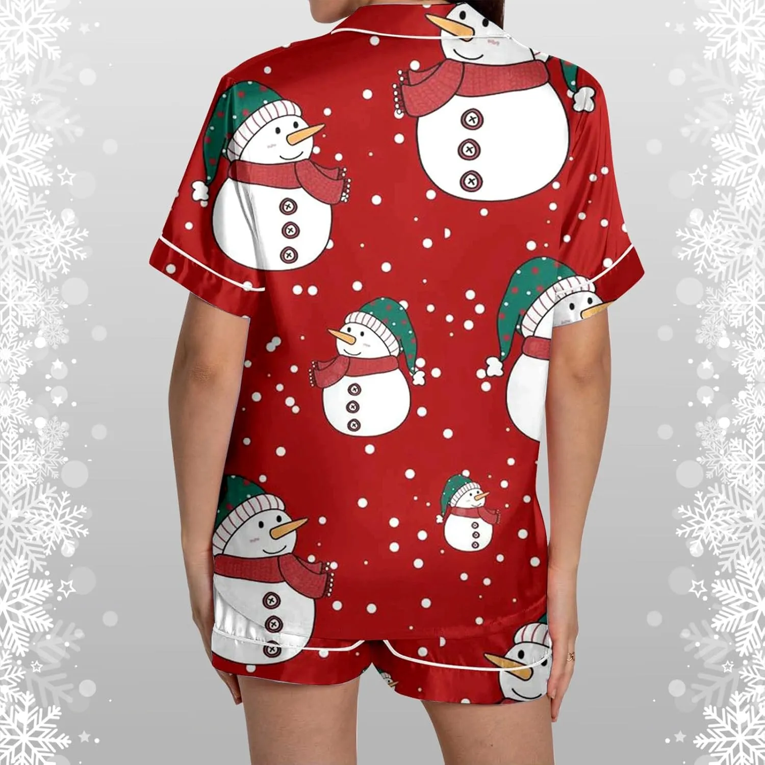 Women Christmas Pajamas Two Piece Satin Silk Short Sleeve Button Down Shirt Loose Shorts Pjs Lounge Set Sleepwear