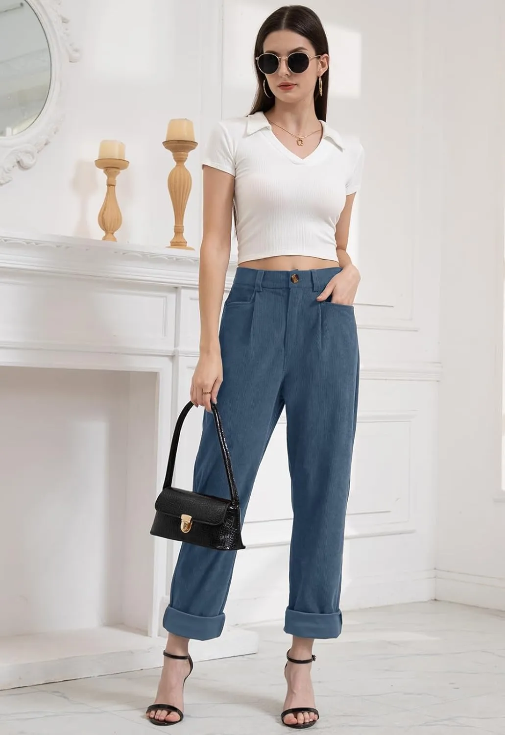 Women Corduroy Pants Casual Fall Pants High Waisted Straight Leg Pants for Women Stretchy Work Trousers with Pockets