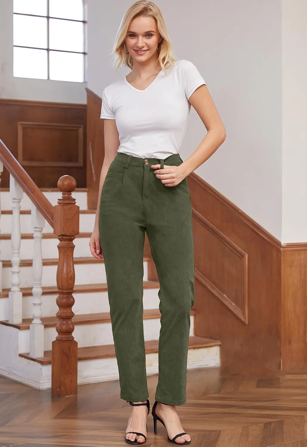 Women Corduroy Pants Casual Fall Pants High Waisted Straight Leg Pants for Women Stretchy Work Trousers with Pockets