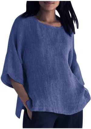 Women Cotton Linen Tops Causal Summer Round Neck 3/4 Sleeve Oversized Loose Blouses Vintage Fashion Basic T Shirts