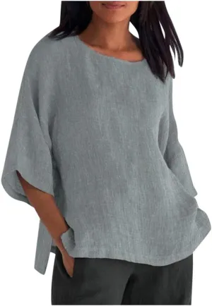 Women Cotton Linen Tops Causal Summer Round Neck 3/4 Sleeve Oversized Loose Blouses Vintage Fashion Basic T Shirts