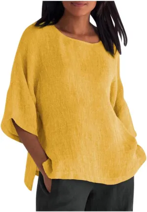 Women Cotton Linen Tops Causal Summer Round Neck 3/4 Sleeve Oversized Loose Blouses Vintage Fashion Basic T Shirts