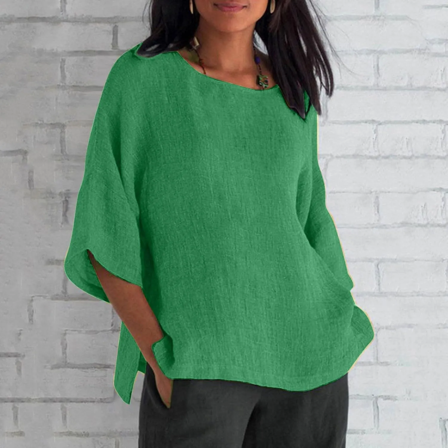 Women Cotton Linen Tops Causal Summer Round Neck 3/4 Sleeve Oversized Loose Blouses Vintage Fashion Basic T Shirts
