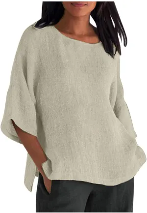 Women Cotton Linen Tops Causal Summer Round Neck 3/4 Sleeve Oversized Loose Blouses Vintage Fashion Basic T Shirts
