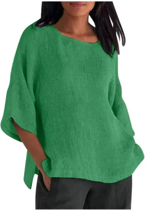 Women Cotton Linen Tops Causal Summer Round Neck 3/4 Sleeve Oversized Loose Blouses Vintage Fashion Basic T Shirts