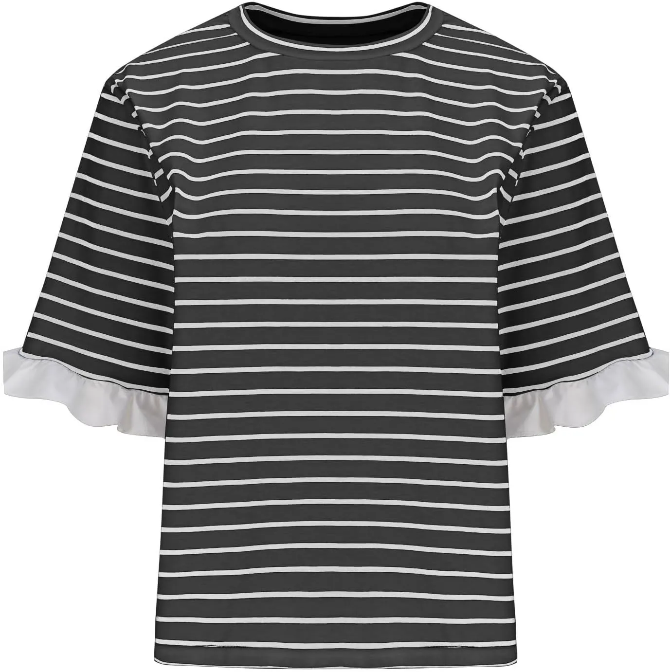 Women Striped Tops Ruffle Sleeve Casual Basic T Shirts Crewneck Short Sleeve Shirts Blouse Tunic Tops Summer Outfits