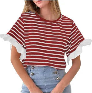 Women Striped Tops Ruffle Sleeve Casual Basic T Shirts Crewneck Short Sleeve Shirts Blouse Tunic Tops Summer Outfits