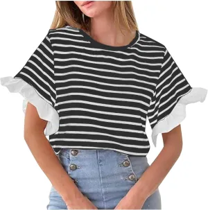 Women Striped Tops Ruffle Sleeve Casual Basic T Shirts Crewneck Short Sleeve Shirts Blouse Tunic Tops Summer Outfits