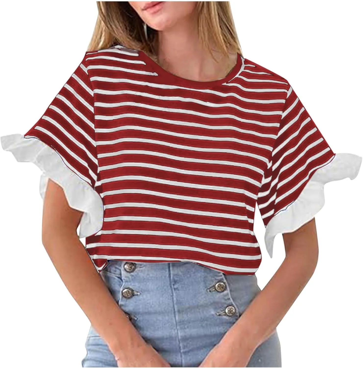 Women Striped Tops Ruffle Sleeve Casual Basic T Shirts Crewneck Short Sleeve Shirts Blouse Tunic Tops Summer Outfits