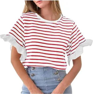 Women Striped Tops Ruffle Sleeve Casual Basic T Shirts Crewneck Short Sleeve Shirts Blouse Tunic Tops Summer Outfits