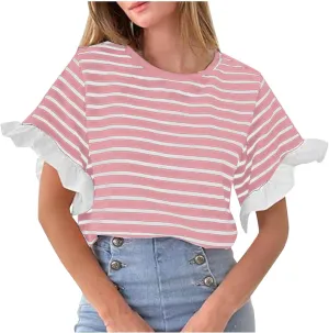 Women Striped Tops Ruffle Sleeve Casual Basic T Shirts Crewneck Short Sleeve Shirts Blouse Tunic Tops Summer Outfits