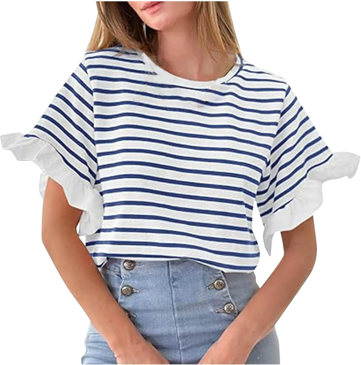 Women Striped Tops Ruffle Sleeve Casual Basic T Shirts Crewneck Short Sleeve Shirts Blouse Tunic Tops Summer Outfits