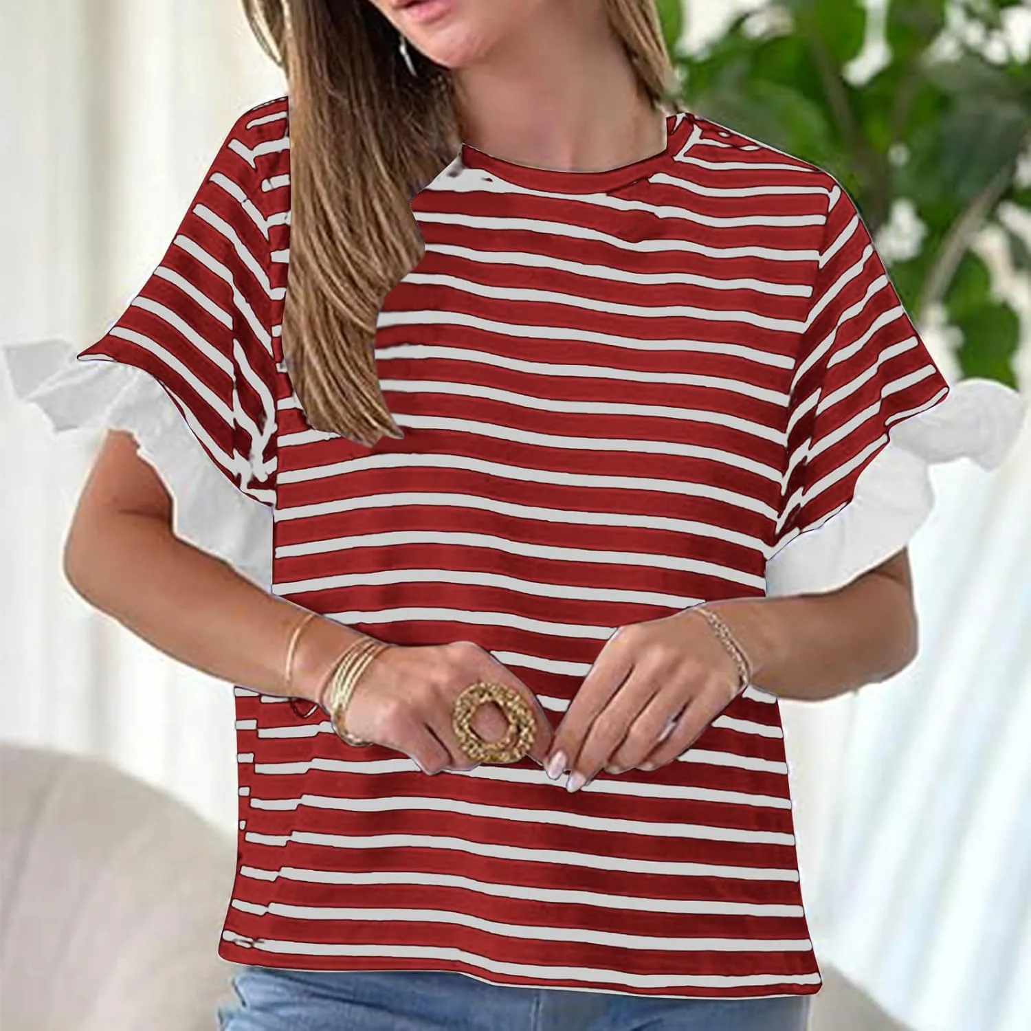 Women Striped Tops Ruffle Sleeve Casual Basic T Shirts Crewneck Short Sleeve Shirts Blouse Tunic Tops Summer Outfits