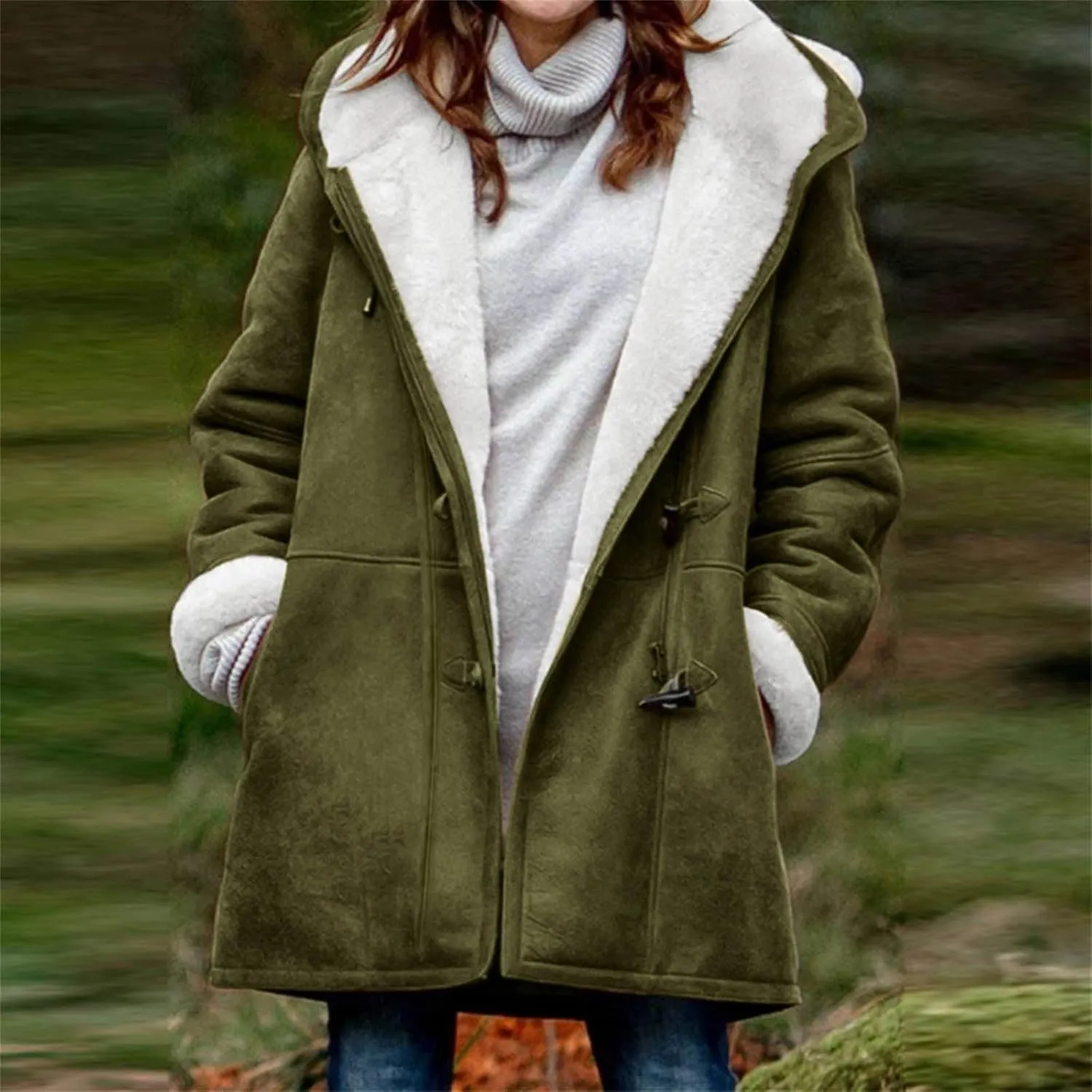 Women Winter Fleece Lined Suede Jackets Plus Size Long Sleeve Horn Buckle Hooded Overcoat Velvet Trench Thick Outwear