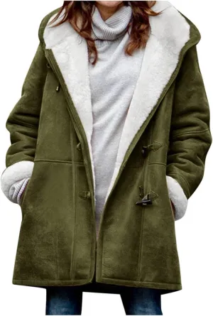 Women Winter Fleece Lined Suede Jackets Plus Size Long Sleeve Horn Buckle Hooded Overcoat Velvet Trench Thick Outwear
