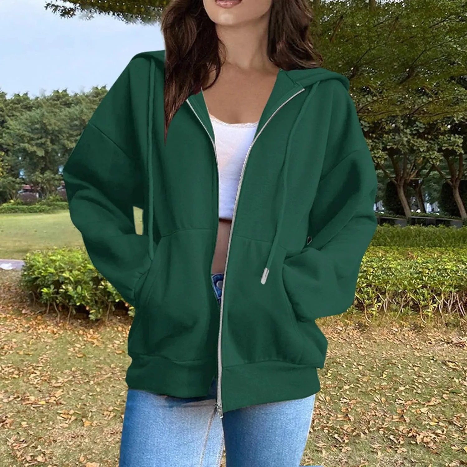 Women Zip Up Hoodie Long Sleeve Oversized Sweatshirts Y2K Jacket Pockets Patchwork Design Drawstring Hooded Jacket
