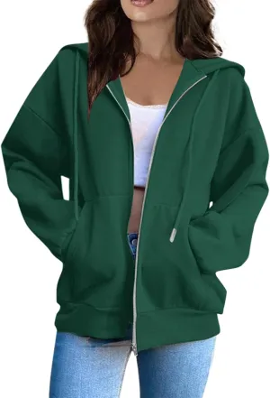 Women Zip Up Hoodie Long Sleeve Oversized Sweatshirts Y2K Jacket Pockets Patchwork Design Drawstring Hooded Jacket