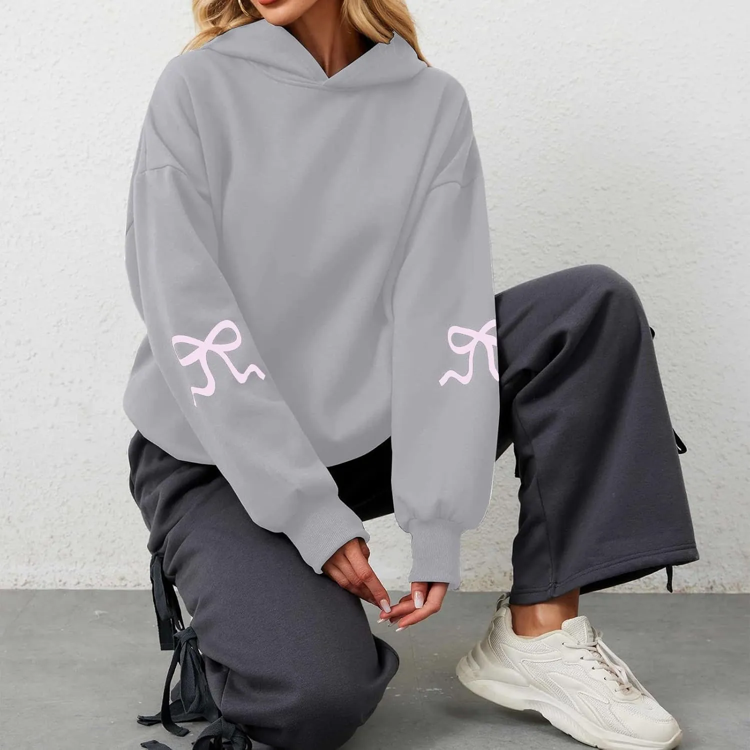 Women's Bow Trim Print Oversized Crewneck Sweatshirt Cute Graphic Sweatshirts Long Sleeve Pullover Y2k Tops