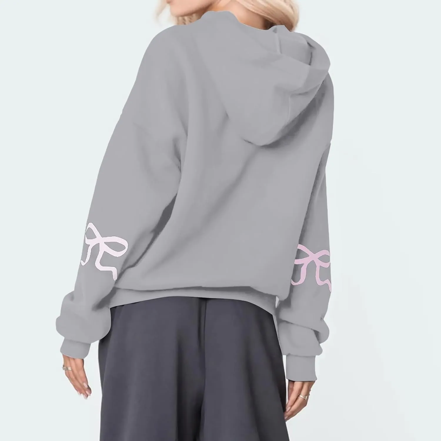 Women's Bow Trim Print Oversized Crewneck Sweatshirt Cute Graphic Sweatshirts Long Sleeve Pullover Y2k Tops