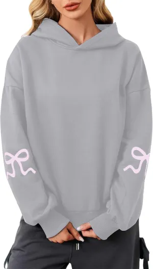 Women's Bow Trim Print Oversized Crewneck Sweatshirt Cute Graphic Sweatshirts Long Sleeve Pullover Y2k Tops