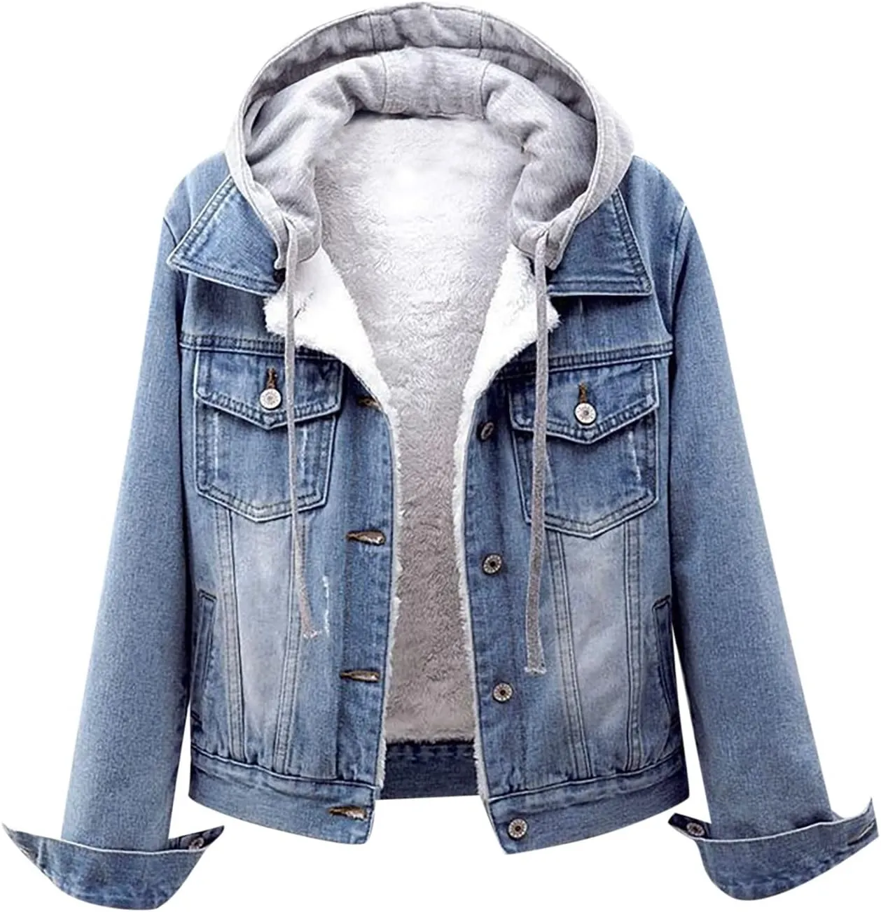 Womens Casual Hoodie Denim Jacket Jean Button Down Long Sleeve Shirt Coat Hooded Drawstring Sweatshirts with Pocket