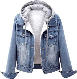 Womens Casual Hoodie Denim Jacket Jean Button Down Long Sleeve Shirt Coat Hooded Drawstring Sweatshirts with Pocket