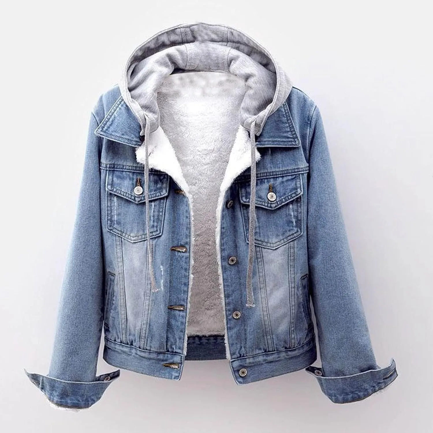 Womens Casual Hoodie Denim Jacket Jean Button Down Long Sleeve Shirt Coat Hooded Drawstring Sweatshirts with Pocket