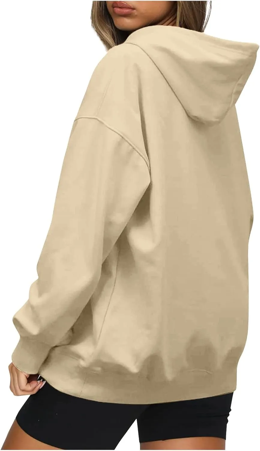 Women's Casual Hoodies Long Sleeve Lightweight Solid Pullover Tops Loose Fall Winter Sweatshirt with Pocket