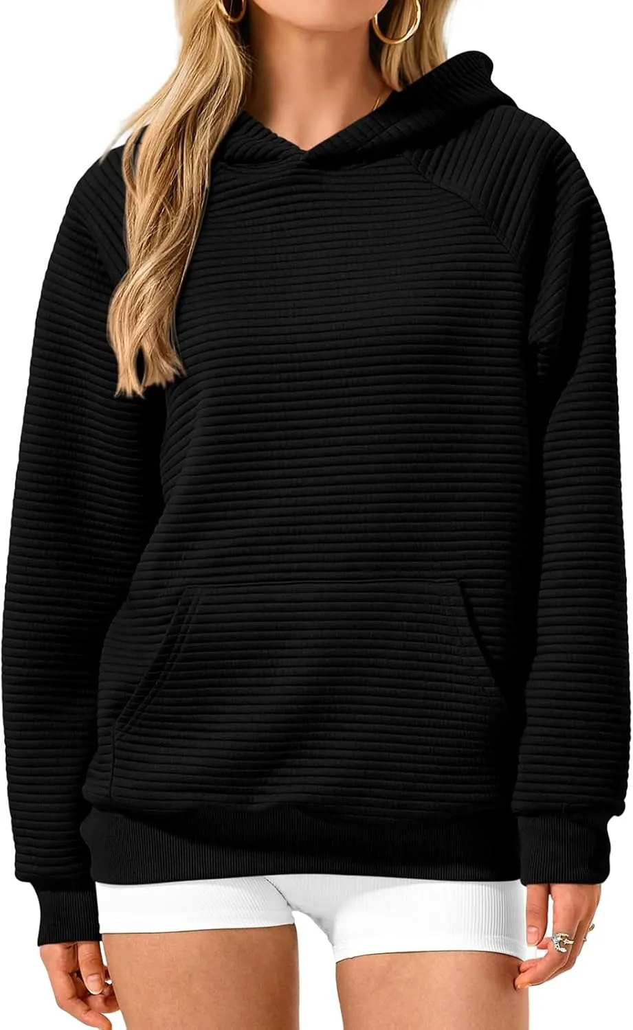 Womens Casual Hoodies Long Sleeve Solid Hooded Sweatshirts Waffle Knit Drawstring Kangaroo Pocket Pullover