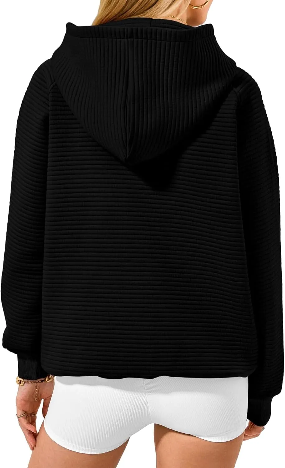 Womens Casual Hoodies Long Sleeve Solid Hooded Sweatshirts Waffle Knit Drawstring Kangaroo Pocket Pullover