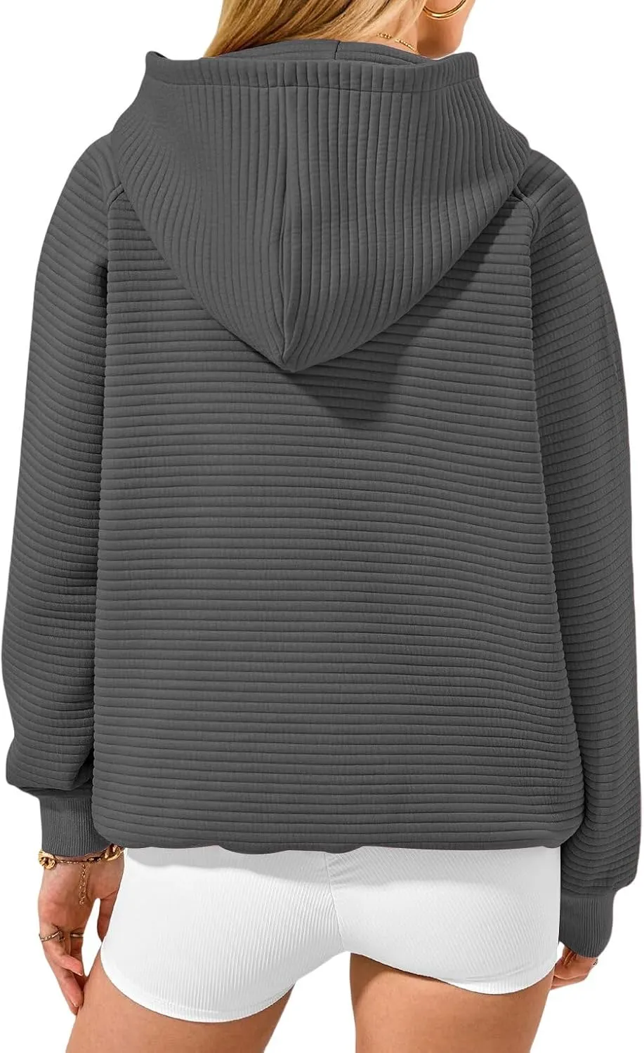 Womens Casual Hoodies Long Sleeve Solid Hooded Sweatshirts Waffle Knit Drawstring Kangaroo Pocket Pullover