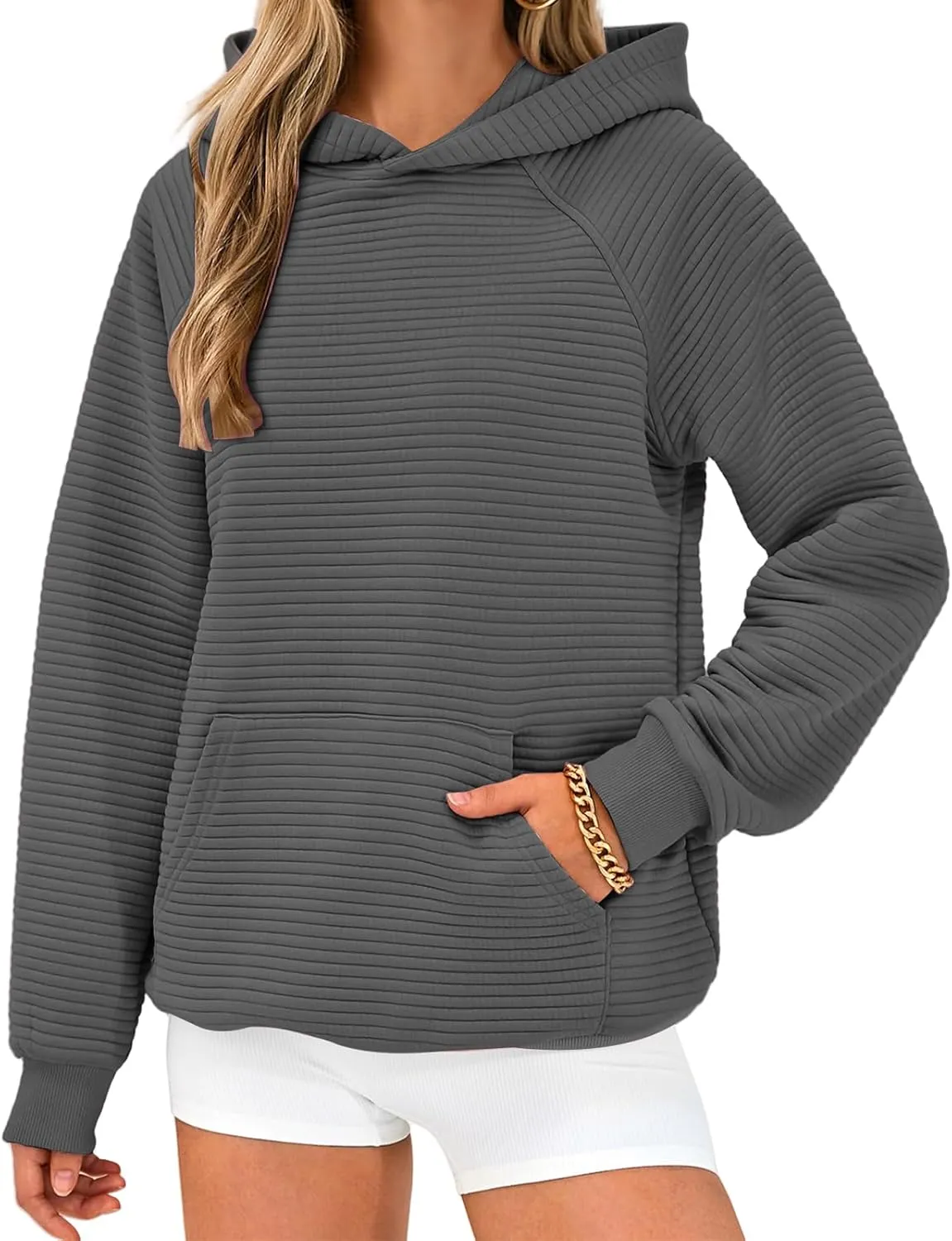 Womens Casual Hoodies Long Sleeve Solid Hooded Sweatshirts Waffle Knit Drawstring Kangaroo Pocket Pullover