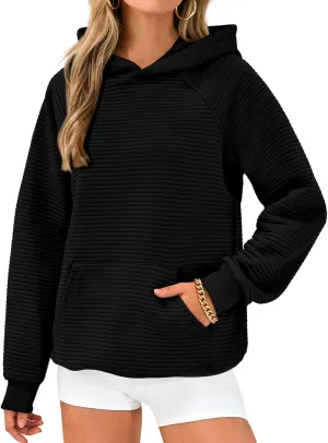 Womens Casual Hoodies Long Sleeve Solid Hooded Sweatshirts Waffle Knit Drawstring Kangaroo Pocket Pullover