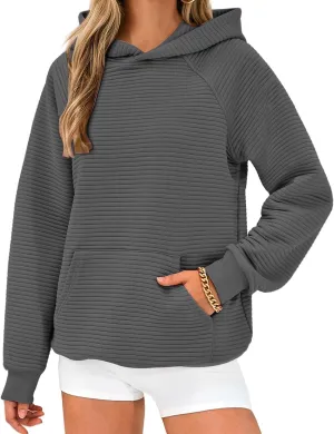 Womens Casual Hoodies Long Sleeve Solid Hooded Sweatshirts Waffle Knit Drawstring Kangaroo Pocket Pullover