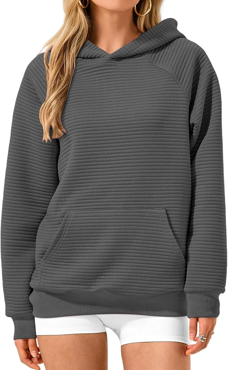 Womens Casual Hoodies Long Sleeve Solid Hooded Sweatshirts Waffle Knit Drawstring Kangaroo Pocket Pullover