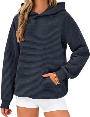 Womens Casual Hoodies Long Sleeve Solid Hooded Sweatshirts Waffle Knit Drawstring Kangaroo Pocket Pullover