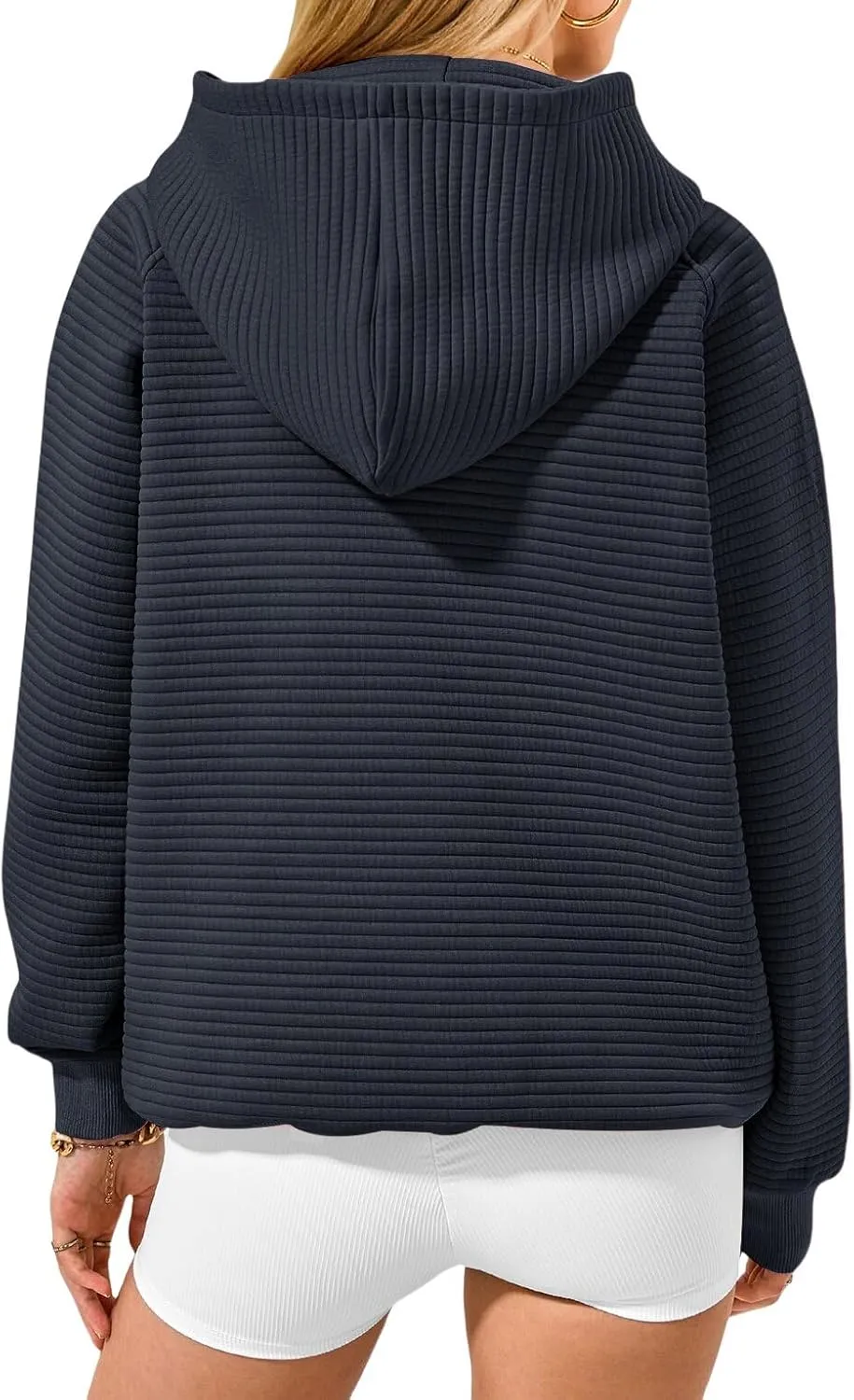 Womens Casual Hoodies Long Sleeve Solid Hooded Sweatshirts Waffle Knit Drawstring Kangaroo Pocket Pullover