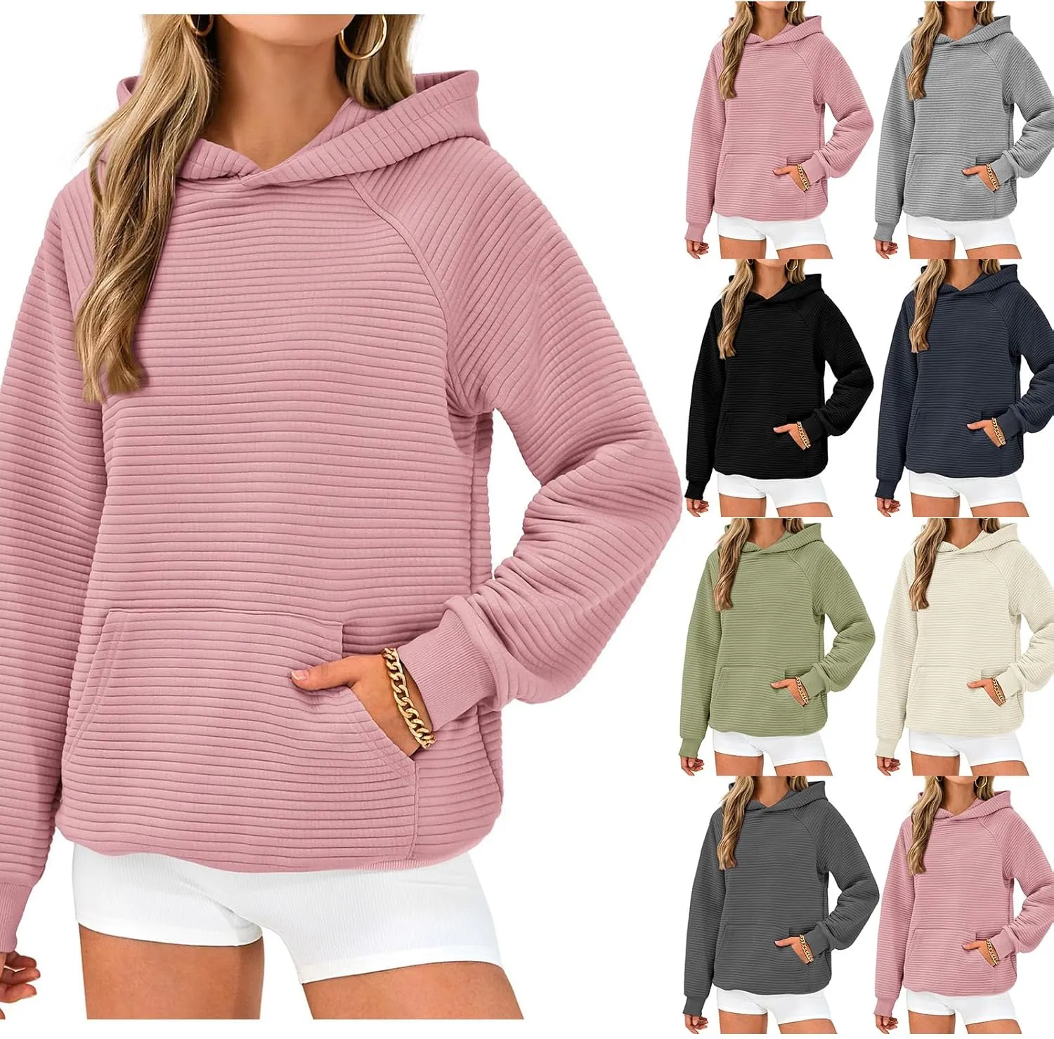 Womens Casual Hoodies Long Sleeve Solid Hooded Sweatshirts Waffle Knit Drawstring Kangaroo Pocket Pullover