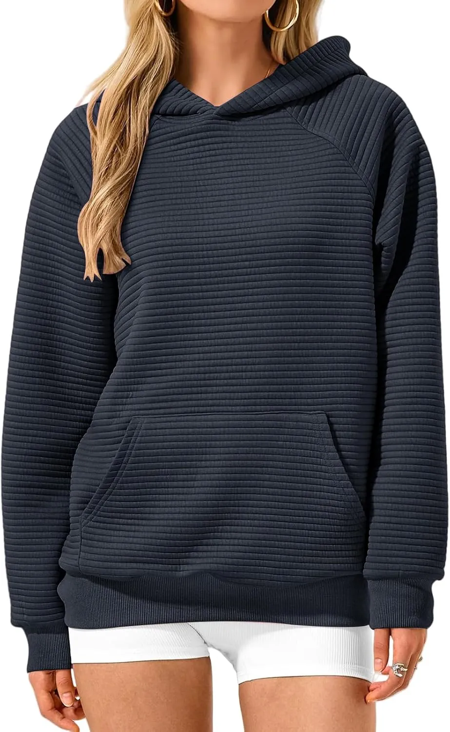 Womens Casual Hoodies Long Sleeve Solid Hooded Sweatshirts Waffle Knit Drawstring Kangaroo Pocket Pullover