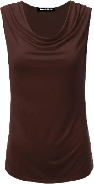 Women's Cowl Neck Ruched Draped Sleeveless Stretchy Blouse Casual Tank Top (Made in USA)
