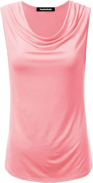 Women's Cowl Neck Ruched Draped Sleeveless Stretchy Blouse Casual Tank Top (Made in USA)