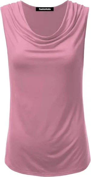 Women's Cowl Neck Ruched Draped Sleeveless Stretchy Blouse Casual Tank Top (Made in USA)