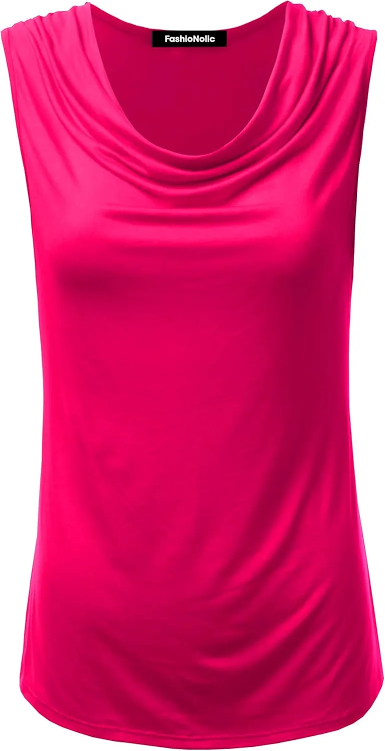 Women's Cowl Neck Ruched Draped Sleeveless Stretchy Blouse Casual Tank Top (Made in USA)